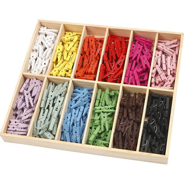 Creativ Company Mini wasknijper, L: 25 mm, B: 3 mm, diverse kleuren, 12x24 stuk/ 1 doos