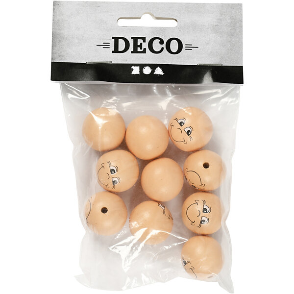 Creativ Company Houten ballen met gezichten, d 22 mm, licht beige, 10 stuk/ 1 doos
