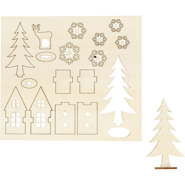Creativ Company DIY Houten figuren, huis, bomen, hert, L: 15,5 cm, B: 17 cm, dikte 3 mm, 1 doos