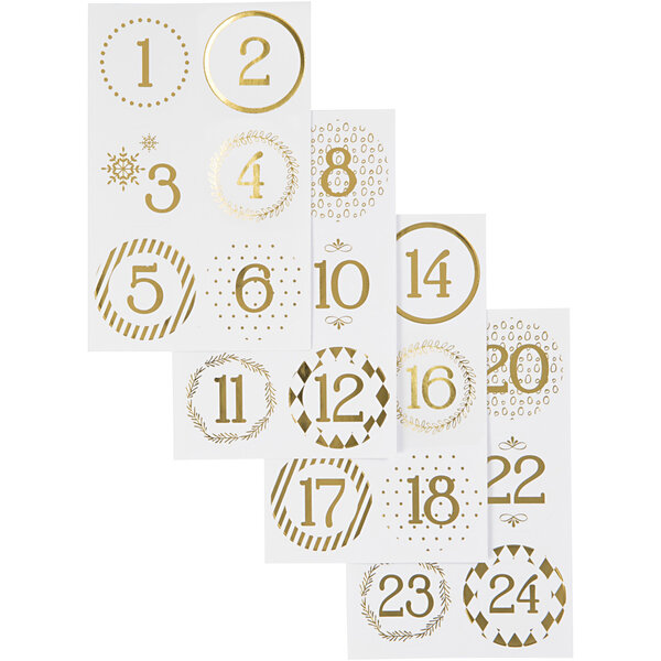 Vivi Gade Kerstkalender cijfer stickers, d 40 mm, vel 9x14 cm, goud, wit, 4 vel/ 1 doos