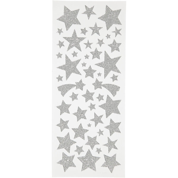 Creativ Company Glitterstickers, sterren, vel 10x24 cm, ca. 110 stuk, zilver, 2 vel/ 1 doos