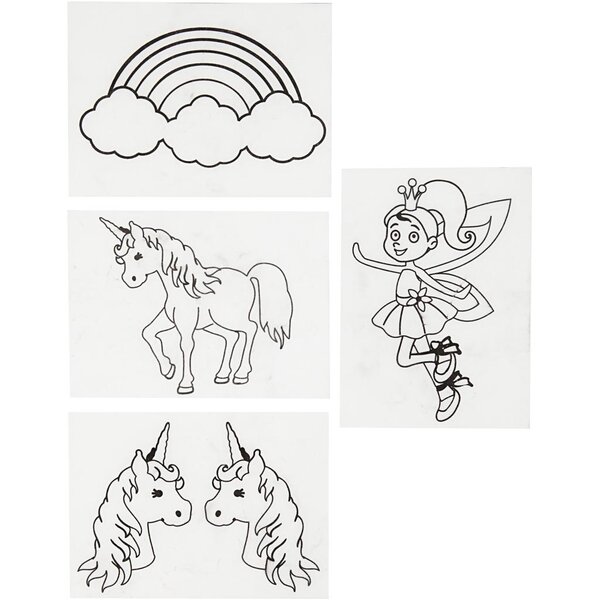 Creativ Company Vellen krimpfolie met motieven, unicorn, vel 10,5x14,5 cm, dikte 0,3 mm, mat transparant, 4 vel/ 1 doos