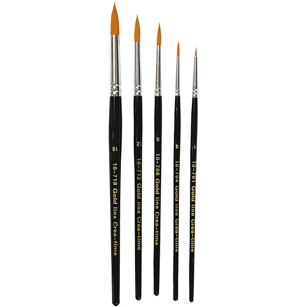 Creativ Company Gold Line penselen, afm 1+4+8+12+18, L: 17-19 cm, B: 1-7 mm, rond, 5 stuk/ 1 doos