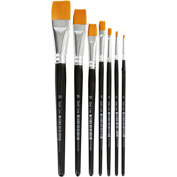 Creativ Company Gold Line penselen, afm 0+2+4+8+12+16+20, L: 16,5-21 cm, B: 1-7 mm, plat, 7 stuk/ 1 doos
