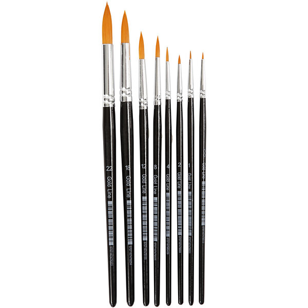 Creativ Company Gold Line penselen, afm 0+1+2+4+8+12+18+22, L: 16,5-21 cm, B: 1-8 mm, rond, 8 stuk/ 1 doos