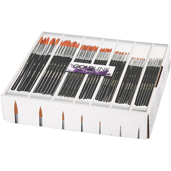 Creativ Company Gold Line penselen, afm 1+2+4+8+12+18+22, L: 17-21 cm, B: 1-7 mm, rond, 7x12 stuk/ 1 doos