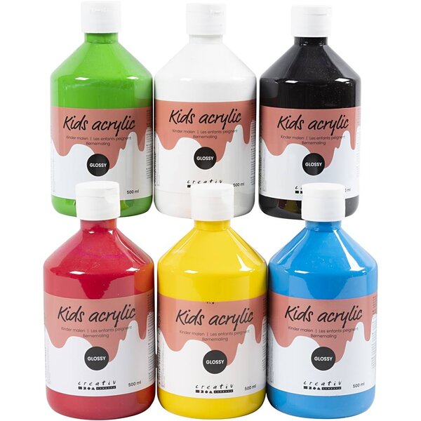 Creativ Company Acrylverf Glossy, primair kleuren, 6x500 ml/ 1 doos