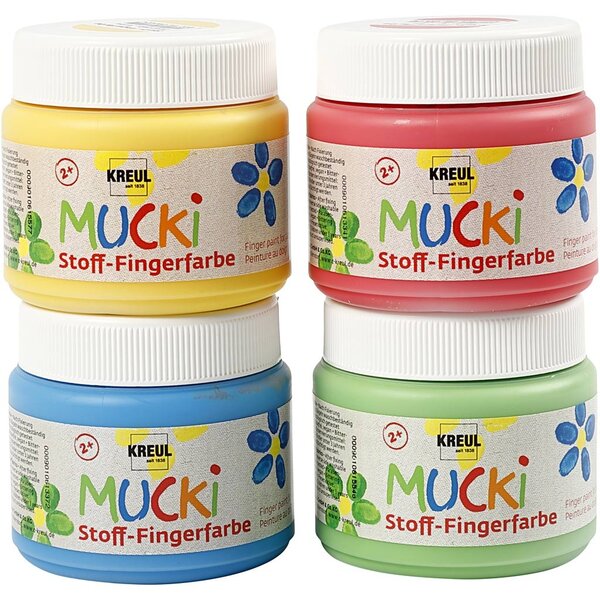 Kreul Muck Vingerverf, blauw, groen, rood, geel, 4x150 ml/ 1 doos