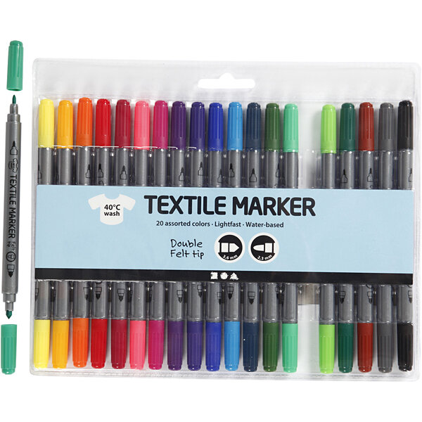 Creativ Company Textielstiften, lijndikte 2,3+3,6 mm, standaardkleuren, 20 stuk/ 1 doos