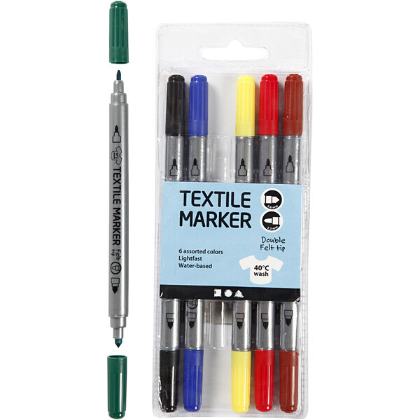 Creativ Company Textielstiften, lijndikte 2,3+3,6 mm, standaardkleuren, 6 stuk/ 1 doos