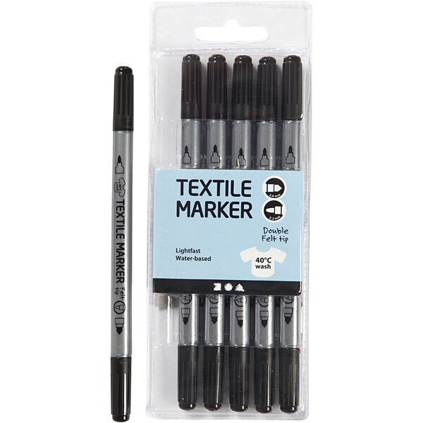 Creativ Company Textielstiften, lijndikte 2,3+3,6 mm, zwart, 6 stuk/ 1 doos