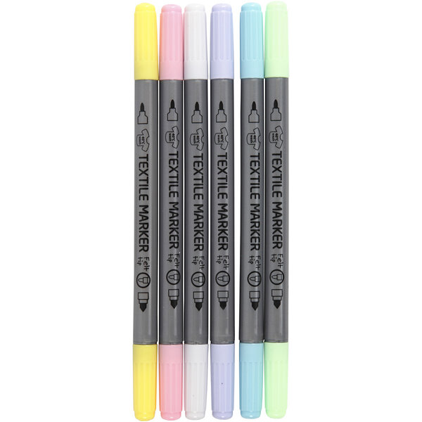 Creativ Company Textielstiften, lijndikte 2,3+3,6 mm, pastelkleuren, 6 stuk/ 1 doos