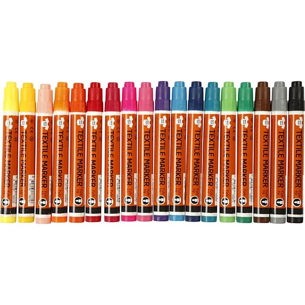 Textielstiften, lijndikte 2-4 mm, diverse kleuren, 18 stuk/ 1 doos