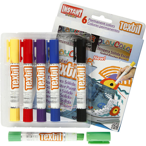 PlayColor® Playcolor textielverf, L: 14 cm, diverse kleuren, 5 gr, 6 stuk/ 1 doos