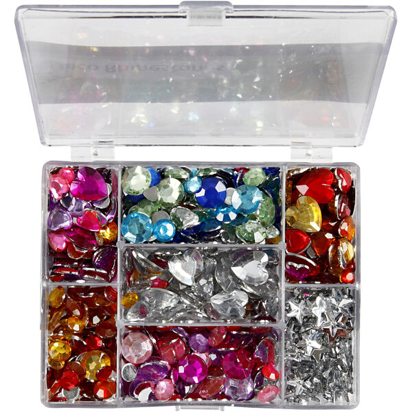 Creativ Company Strasstenen in display box, rond, sterren, harten, d 6+7+9+10+11+12+14+16 mm, blauw, roze, zilver, 300 stuk/ 1 doos