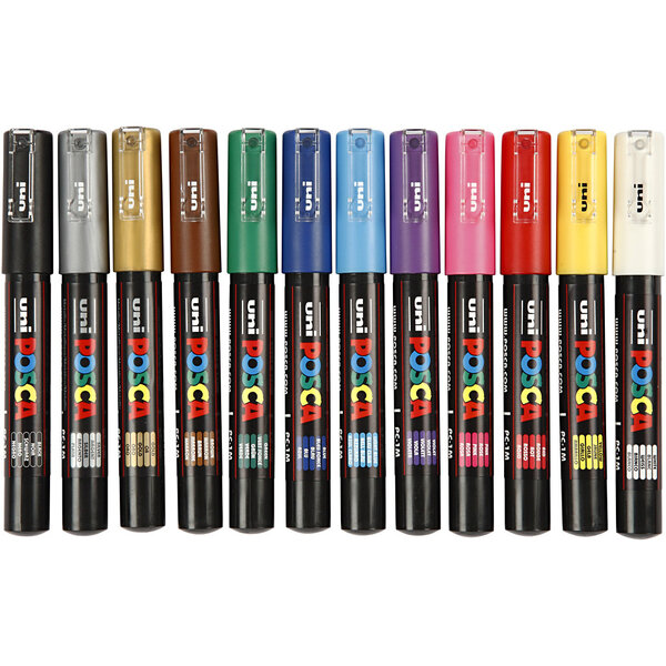 Uni-Posca Posca Marker, afm PC-1M, lijndikte 0,7 mm, extra-fijn, diverse kleuren, 12 stuk/ 1 doos