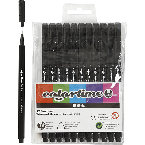 Colortime Colortime fineliners, lijndikte 0,6-0,7 mm, zwart, 12 stuk/ 1 doos