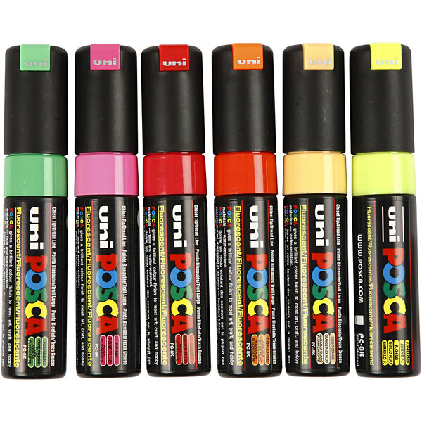 Uni-Posca Posca Marker, afm PC-8K, lijndikte 8 mm, breed, diverse kleuren, 6 stuk/ 1 doos