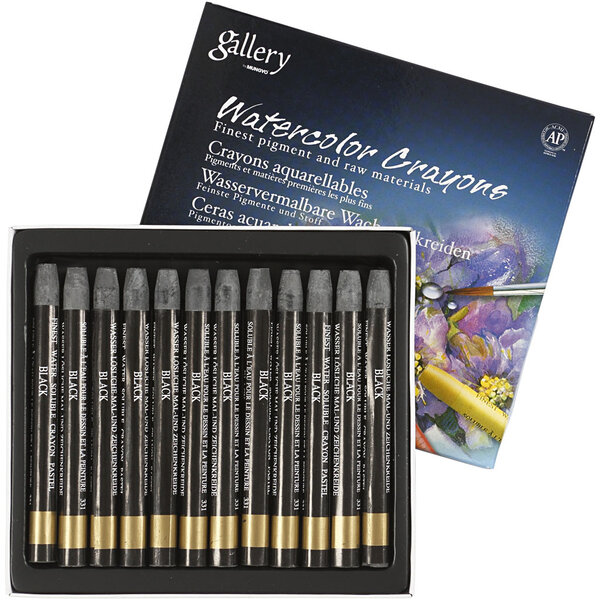 Mungyo Aquarelkrijt, L: 9,3 cm, dikte 8 mm, zwart (331), 12 stuk/ 1 doos