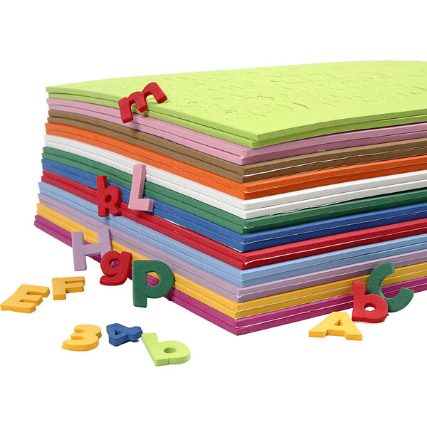 Creativ Company EVA Foam Cijfers & Letters, H: 20 mm, dikte 3 mm, diverse kleuren, 24 div vellen/ 1 doos