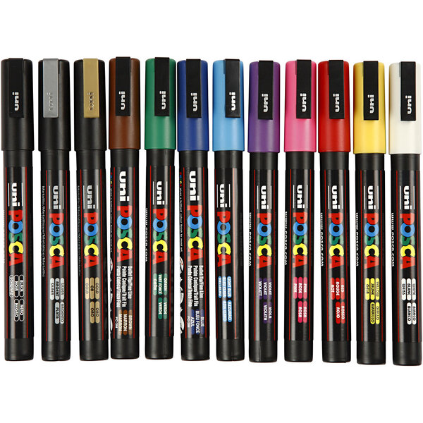 Uni-Posca Posca Marker, afm PC-3M, lijndikte 0,9-1,3 mm, fijn, diverse kleuren, 12 stuk/ 1 doos