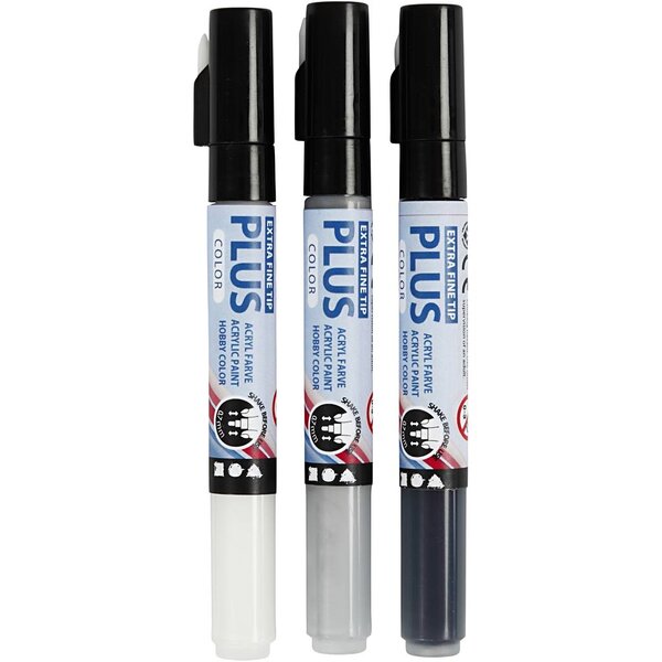 Plus Color Plus Color Marker, L: 14,5 cm, lijndikte 0,7 mm, zwart, off-white, rain grey, 5,5 ml, 3 stuk/ 1 doos