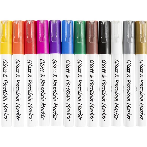 Creativ Company Glas- & Porseleinstiften, lijndikte 1-2 mm, semi-dekkend, diverse kleuren, 12 stuk/ 1 doos