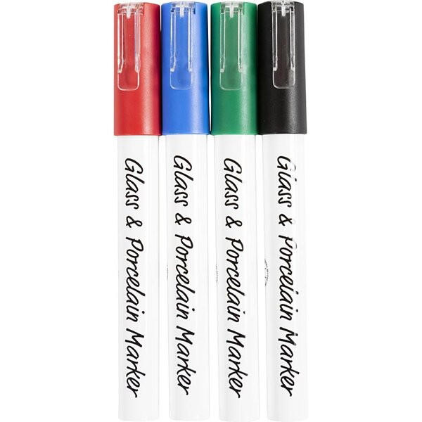 Creativ Company Glas- & Porseleinstiften, lijndikte 1-2 mm, semi-dekkend, zwart, blauw, groen, rood, 4 stuk/ 1 doos