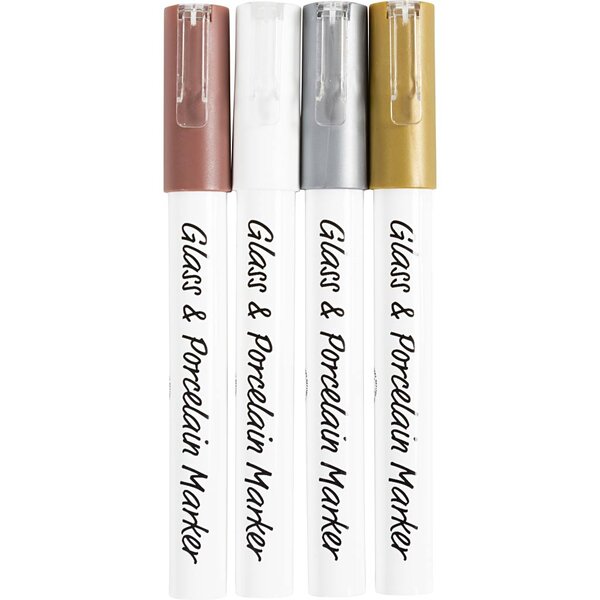 Creativ Company Glas- & Porseleinstiften, lijndikte 1-2 mm, semi-dekkend, bruin, goud, zilver, wit, 4 stuk/ 1 doos