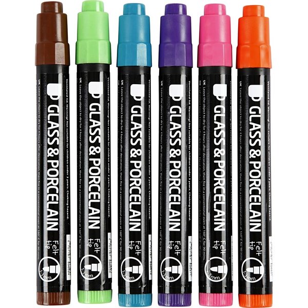Creativ Company Glas- en Porseleinstiften, lijndikte 1-3 mm, semi-dekkend, extra kleuren, 6 stuk/ 1 doos