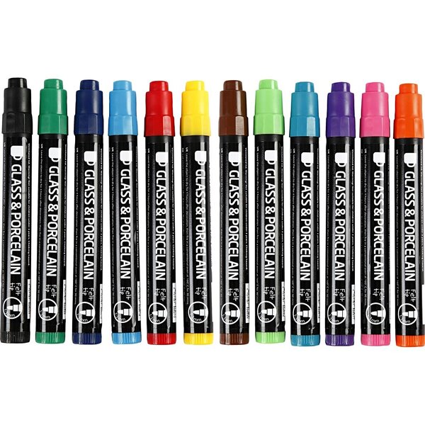 Creativ Company Glas- en Porseleinstiften, lijndikte 1-3 mm, semi-dekkend, 12 stuk/ 1 doos