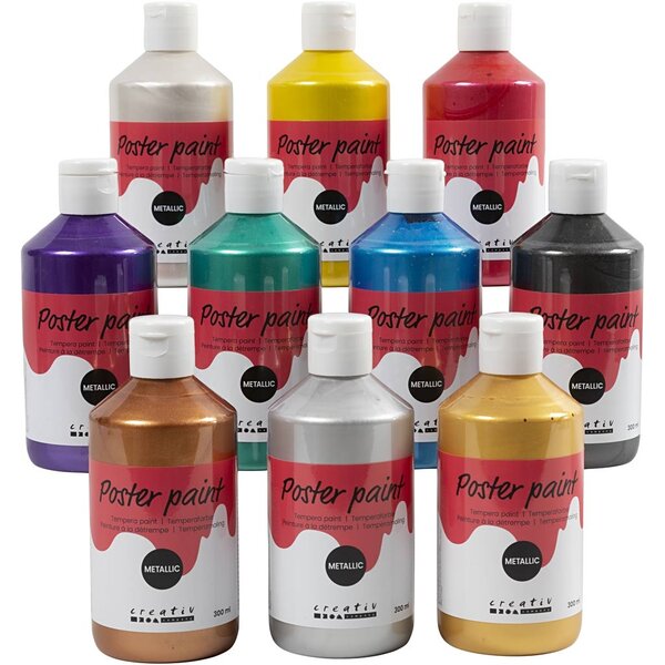 Tempera Verf Metallic , diverse kleuren, 10x300 ml/ 1 doos