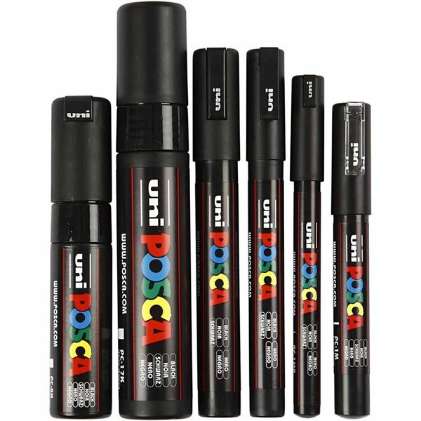 Uni-Posca Posca Marker, lijndikte 0,7-15 mm, zwart, 6 stuk/ 1 doos