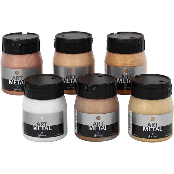 Schjerning Hobbyverf Metallic, afm 5102, 5104, 5106, 5108, 5109, 5110, metallic kleuren, 6x250 ml/ 1 doos