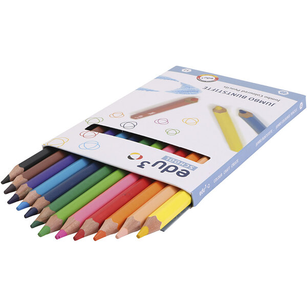 EDU3 Edu Jumbo Kleurpotloden, dikte 10 mm, vulling 5 mm, diverse kleuren, 12 stuk/ 1 doos
