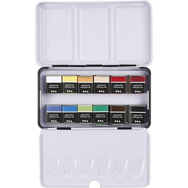 Creativ Company Art Aquarelverf, ½-pan, afm 10x15x20 mm, standaardkleuren, 12 kleur/ 1 doos