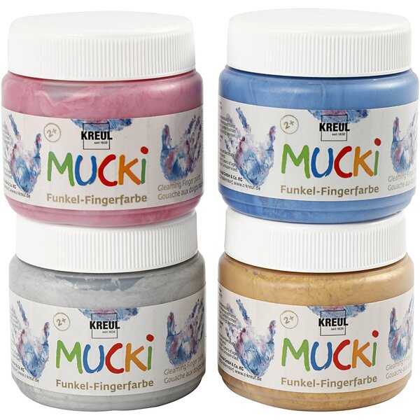 Kreul Mucki Vingerverf, metallic blauw, goud metallic, metallic roze, zilver metallic, 4x150 ml/ 1 doos