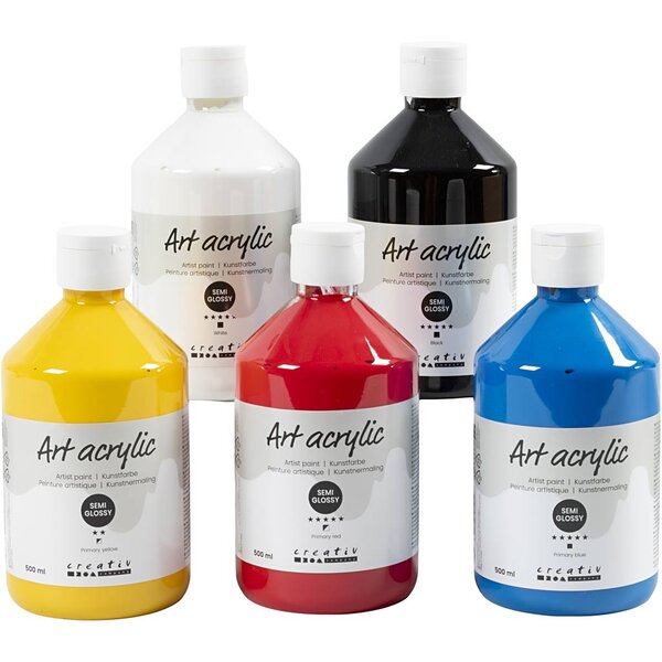 Creativ Company Acryl Verf, semi-glanzend, primair kleuren, 5x500 ml/ 1 doos