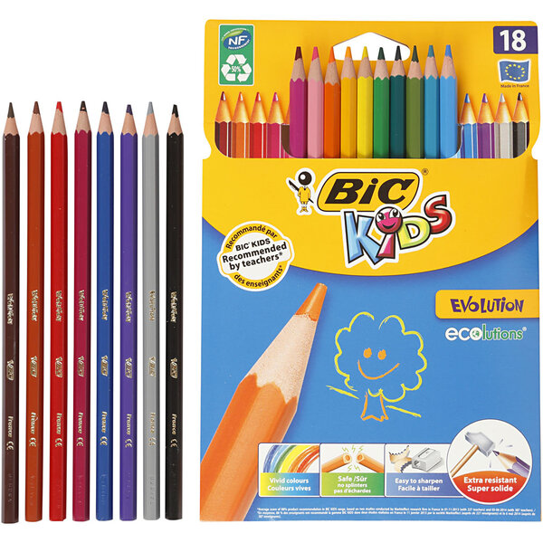 BIC BIC Evolution Kleurpotloden, zeskantig, L: 17,5 cm, vulling 3 mm, diverse kleuren, 18 stuk/ 1 doos