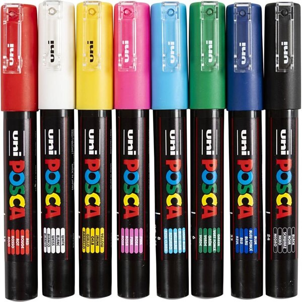 Uni-Posca Posca Marker, afm PC-1M, lijndikte 0,7 mm, extra-fijn, diverse kleuren, 8 stuk/ 1 doos