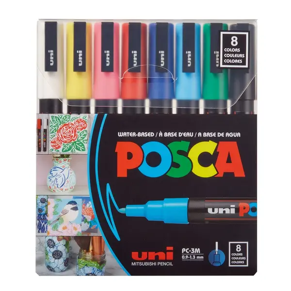 Uni-Posca Posca Marker, afm PC-3M, lijndikte 0,9-1,3 mm, fijn, diverse kleuren, 8 stuk/ 1 doosje