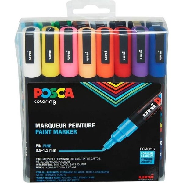 Uni-Posca Posca Marker, afm PC-3M, lijndikte 0,9-1,3 mm, fijn, diverse kleuren, 16 stuk/ 1 doosje