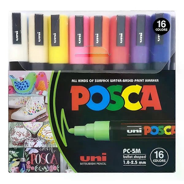 Uni-Posca Posca Marker, afm PC-5M, lijndikte 2,5 mm, medium, diverse kleuren, 16 stuk/ 1 doosje