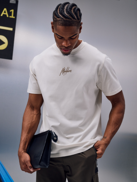 Malelions Malelions Striped Signature T-Shirt - Off White/Taupe