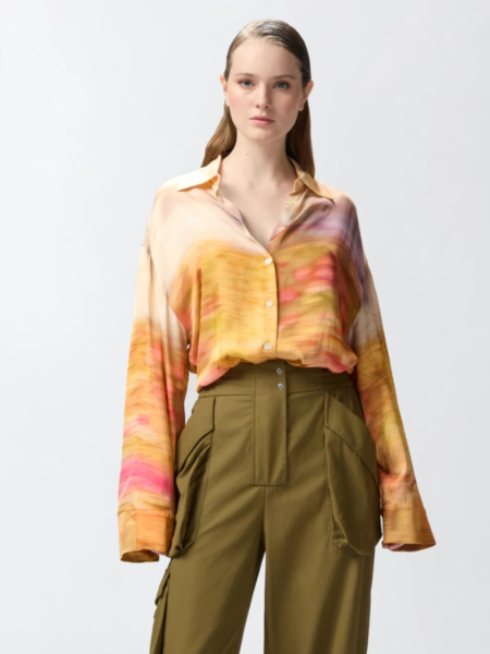 Pinko Life Camicia Satin Blouse - Multi-Color Beige Print Pinko Pinko Life Camicia Satin Blouse - Multi-Color Beige Print