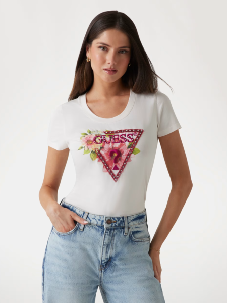 Guess SS CN Triangle Beads T-Shirt - Cream White Guess Guess SS CN Triangle Beads T-Shirt - Cream White