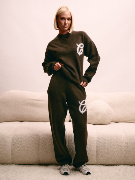 Croyez Women Fluffy Sweater Combi-set - Brown