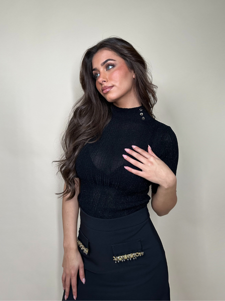 Rinascimento Rinascimento Ribbed Lurex Mock Neck Top - Nero Rinascimento Ribbed Lurex Mock Neck Top - Nero