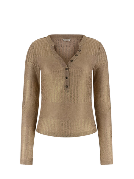 Guess LS Marilena Henley Top - Foamy Taupe Gold Foil