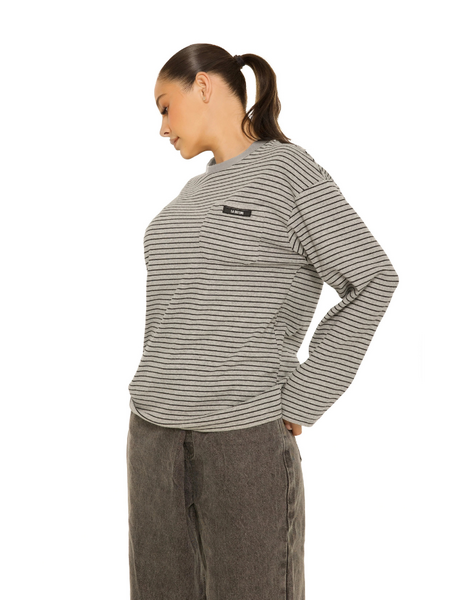 La Sisters La Sisters Long Sleeve Oversized Striped Tee - Dark Grey